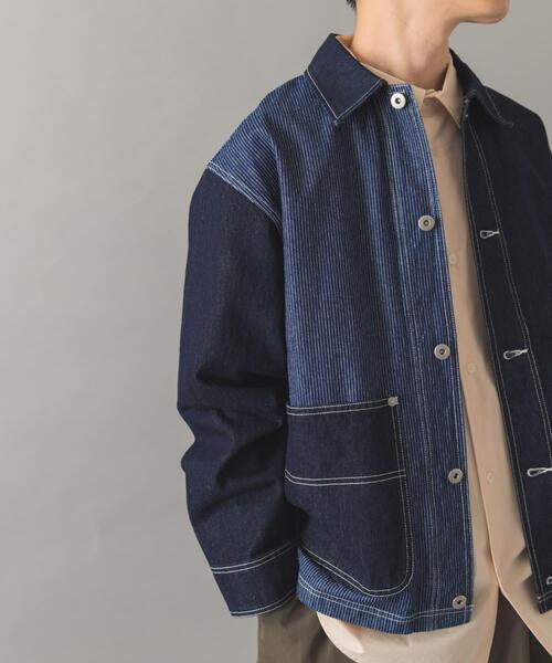 ITEMS URBANRESEARCH（アイテムズ アーバンリサーチ）の「ヒッコリー×デニム切替 ワークジャケット（デニムジャケット・メンズ・ネイビー/ブラック・LARGE/MEDIUM）」の4枚目の写真