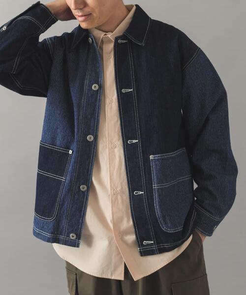 ITEMS URBANRESEARCH（アイテムズ アーバンリサーチ）の「ヒッコリー×デニム切替 ワークジャケット（デニムジャケット・メンズ・ネイビー/ブラック・LARGE/MEDIUM）」の5枚目の写真