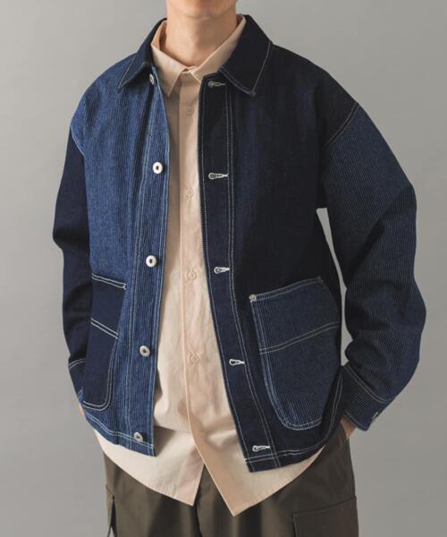 ITEMS URBANRESEARCH（アイテムズ アーバンリサーチ）の「ヒッコリー×デニム切替 ワークジャケット（デニムジャケット・メンズ・ネイビー/ブラック・LARGE/MEDIUM）」の6枚目の写真