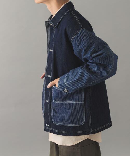 ITEMS URBANRESEARCH（アイテムズ アーバンリサーチ）の「ヒッコリー×デニム切替 ワークジャケット（デニムジャケット・メンズ・ネイビー/ブラック・LARGE/MEDIUM）」の7枚目の写真
