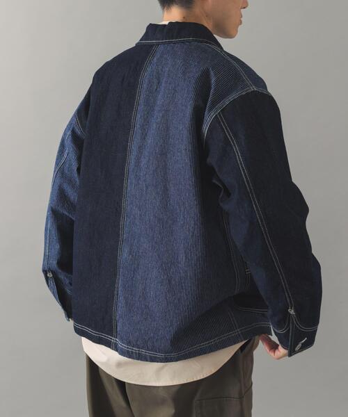 ITEMS URBANRESEARCH（アイテムズ アーバンリサーチ）の「ヒッコリー×デニム切替 ワークジャケット（デニムジャケット・メンズ・ネイビー/ブラック・LARGE/MEDIUM）」の8枚目の写真