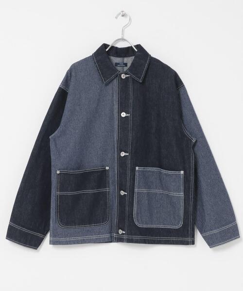 ITEMS URBANRESEARCH（アイテムズ アーバンリサーチ）の「ヒッコリー×デニム切替 ワークジャケット（デニムジャケット・メンズ・ネイビー/ブラック・LARGE/MEDIUM）」の10枚目の写真