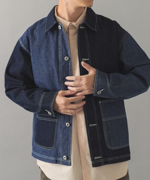 ITEMS URBANRESEARCH(アイテムズ アーバンリサーチ)の「ヒッコリー×デニム切替 ワークジャケット(デニムジャケット・メンズ・ネイビー/ブラック・LARGE/MEDIUM)」の2枚目の写真