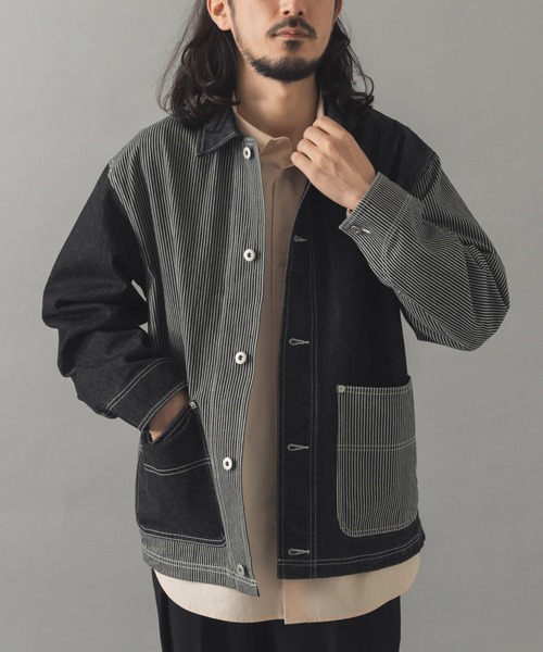 ITEMS URBANRESEARCH(アイテムズ アーバンリサーチ)の「ヒッコリー×デニム切替 ワークジャケット(デニムジャケット・メンズ・ネイビー/ブラック・LARGE/MEDIUM)」の20枚目の写真