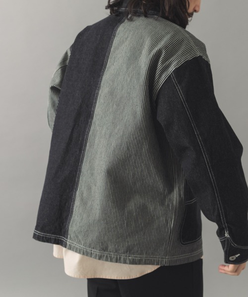 ITEMS URBANRESEARCH(アイテムズ アーバンリサーチ)の「ヒッコリー×デニム切替 ワークジャケット(デニムジャケット・メンズ・ネイビー/ブラック・LARGE/MEDIUM)」の22枚目の写真