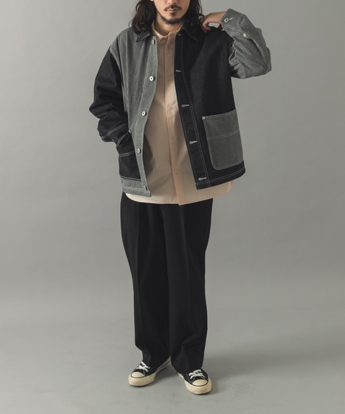 ITEMS URBANRESEARCH(アイテムズ アーバンリサーチ)の「ヒッコリー×デニム切替 ワークジャケット(デニムジャケット・メンズ・ネイビー/ブラック・LARGE/MEDIUM)」の3枚目の写真