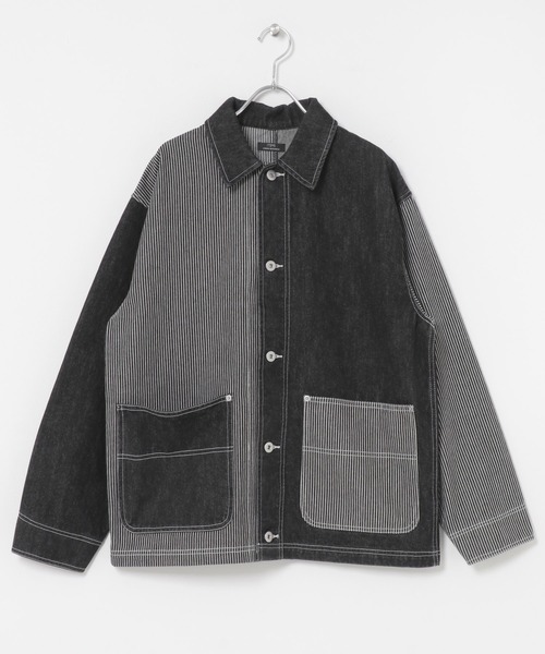 ITEMS URBANRESEARCH(アイテムズ アーバンリサーチ)の「ヒッコリー×デニム切替 ワークジャケット(デニムジャケット・メンズ・ネイビー/ブラック・LARGE/MEDIUM)」の11枚目の写真