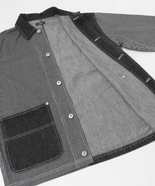 ITEMS URBANRESEARCH(アイテムズ アーバンリサーチ)の「ヒッコリー×デニム切替 ワークジャケット(デニムジャケット・メンズ・ネイビー/ブラック・LARGE/MEDIUM)」の12枚目の写真