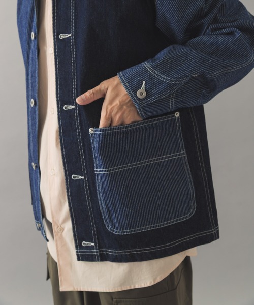 ITEMS URBANRESEARCH(アイテムズ アーバンリサーチ)の「ヒッコリー×デニム切替 ワークジャケット(デニムジャケット・メンズ・ネイビー/ブラック・LARGE/MEDIUM)」の15枚目の写真