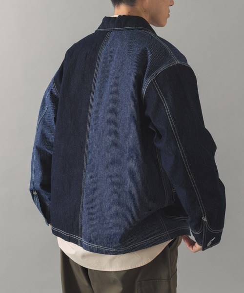 ITEMS URBANRESEARCH(アイテムズ アーバンリサーチ)の「ヒッコリー×デニム切替 ワークジャケット(デニムジャケット・メンズ・ネイビー/ブラック・LARGE/MEDIUM)」の8枚目の写真