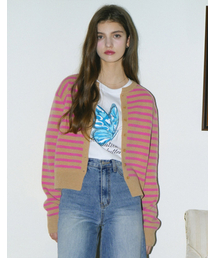 Cashmere Round Stripe Knit Cardigan (ピンク)