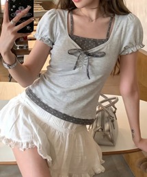 花柄 フェイクレイヤード パフスリーブ Tシャツ