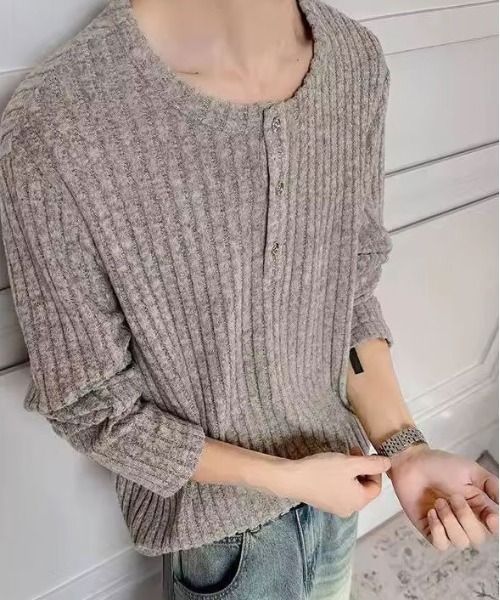 BARELY BLUE（ベアリーブルー）の「【 BARELY BLUE / ベアリーブルー 】 ルーズ リブ ヘンリーネック ロンT（Tシャツ/カットソー・メンズ・グレー/ベージュ・FREE）」の4枚目の写真