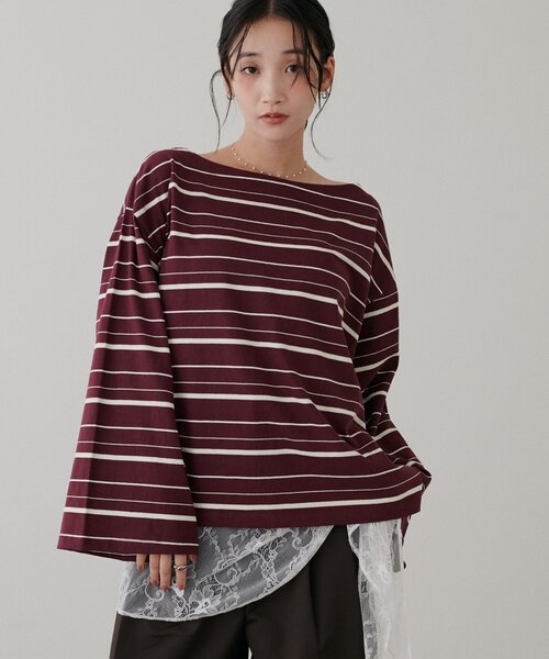 DISCOAT(ディスコート)の「2WAYワンショルボーダープルオーバー(Tシャツ/カットソー・レディース・ピンク/バーガンディー/サックスブルー/グレー/ブラウン・FREE)」の5枚目の写真