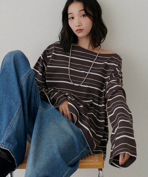 DISCOAT(ディスコート)の「2WAYワンショルボーダープルオーバー(Tシャツ/カットソー・レディース・ピンク/バーガンディー/サックスブルー/グレー/ブラウン・FREE)」の3枚目の写真