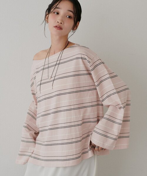DISCOAT(ディスコート)の「2WAYワンショルボーダープルオーバー(Tシャツ/カットソー・レディース・ピンク/バーガンディー/サックスブルー/グレー/ブラウン・FREE)」の1枚目の写真