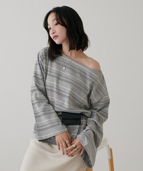 DISCOAT(ディスコート)の「2WAYワンショルボーダープルオーバー(Tシャツ/カットソー・レディース・ピンク/バーガンディー/サックスブルー/グレー/ブラウン・FREE)」の16枚目の写真