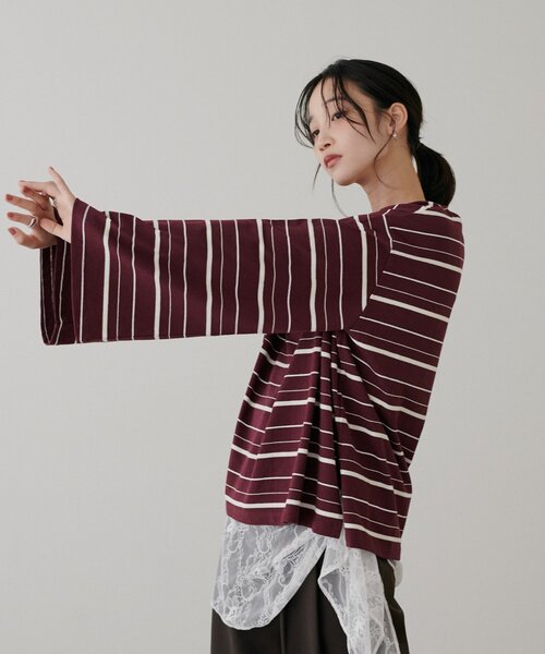 DISCOAT(ディスコート)の「2WAYワンショルボーダープルオーバー(Tシャツ/カットソー・レディース・ピンク/バーガンディー/サックスブルー/グレー/ブラウン・FREE)」の6枚目の写真