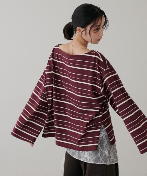 DISCOAT(ディスコート)の「2WAYワンショルボーダープルオーバー(Tシャツ/カットソー・レディース・ピンク/バーガンディー/サックスブルー/グレー/ブラウン・FREE)」の7枚目の写真