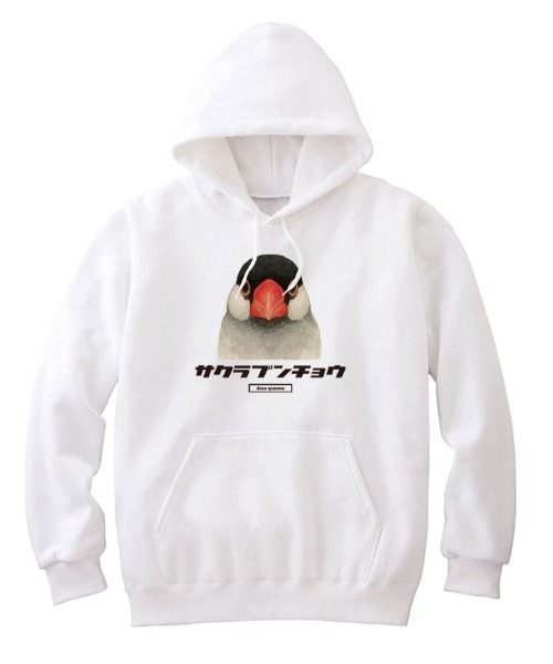 Moftique(モフティック)の「Moftique(モフティック) プルパーカー スウェット 裏毛 サクラブンチョウ 鳥 ペット アニマル プリント トップス レディース ユニセックス(パーカー・レディース・ヘザーグレー/ホワイト/ブラック・S/XS)」の2枚目の写真