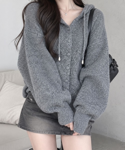 GLAMOROUS JANE(グラマラスジェーン)の「ミックスニットフード付ボリュームカーディガン(ニット/セーター・レディース・オフホワイト/杢グレー/ピンク/チャコールグレー・FREE)」の4枚目の写真