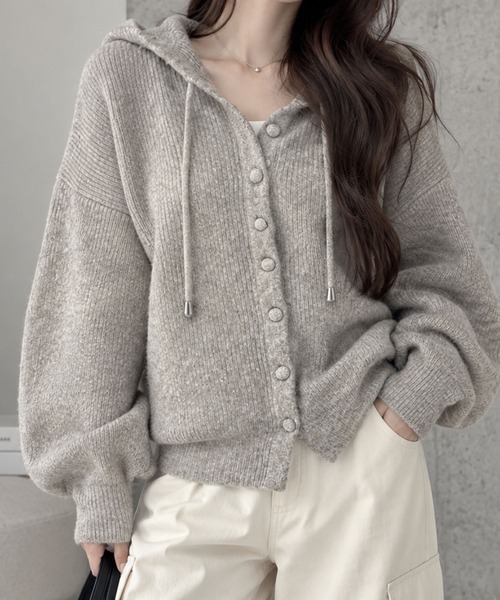 GLAMOROUS JANE(グラマラスジェーン)の「ミックスニットフード付ボリュームカーディガン(ニット/セーター・レディース・オフホワイト/杢グレー/ピンク/チャコールグレー・FREE)」の2枚目の写真