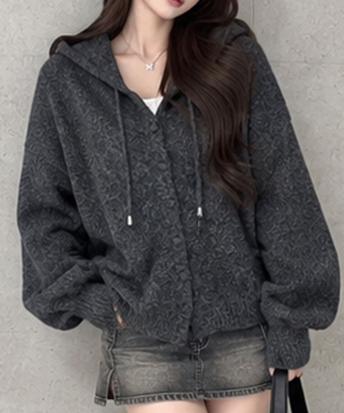GLAMOROUS JANE(グラマラスジェーン)の「ミックスニットフード付ボリュームカーディガン(ニット/セーター・レディース・オフホワイト/杢グレー/ピンク/チャコールグレー・FREE)」の3枚目の写真