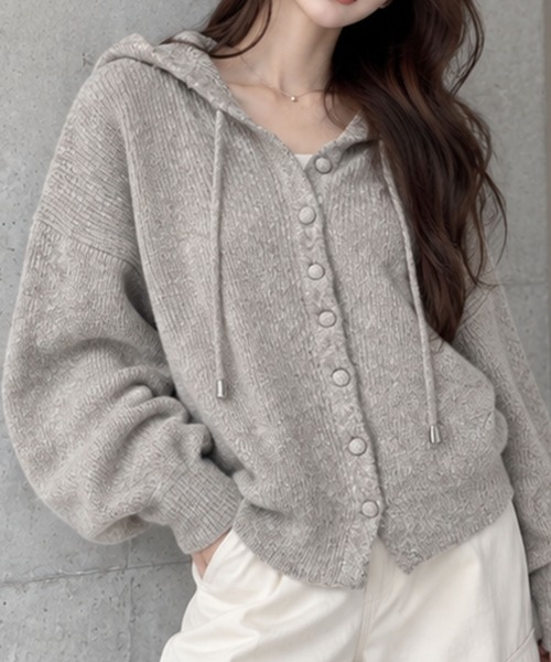 GLAMOROUS JANE(グラマラスジェーン)の「ミックスニットフード付ボリュームカーディガン(ニット/セーター・レディース・オフホワイト/杢グレー/ピンク/チャコールグレー・FREE)」の6枚目の写真
