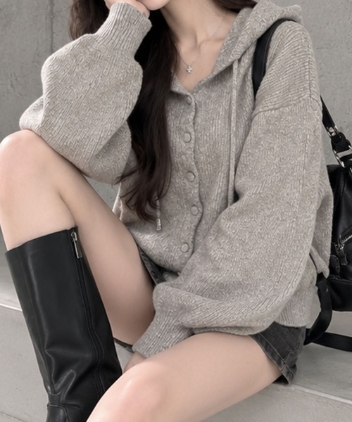 GLAMOROUS JANE(グラマラスジェーン)の「ミックスニットフード付ボリュームカーディガン(ニット/セーター・レディース・オフホワイト/杢グレー/ピンク/チャコールグレー・FREE)」の9枚目の写真