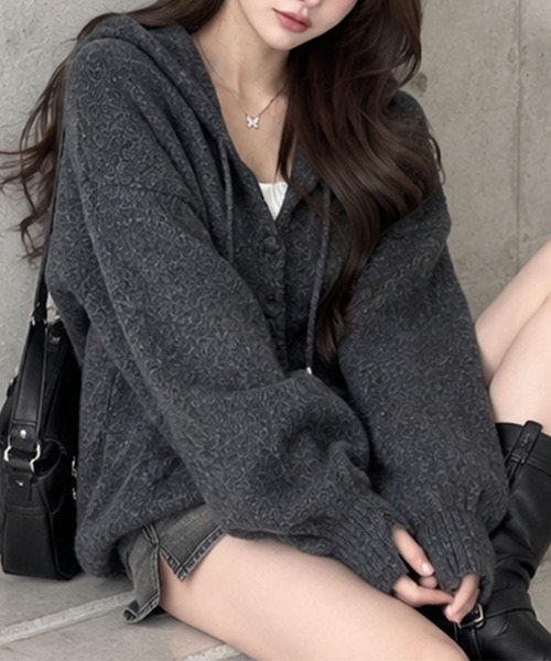 GLAMOROUS JANE(グラマラスジェーン)の「ミックスニットフード付ボリュームカーディガン(ニット/セーター・レディース・オフホワイト/杢グレー/ピンク/チャコールグレー・FREE)」の14枚目の写真