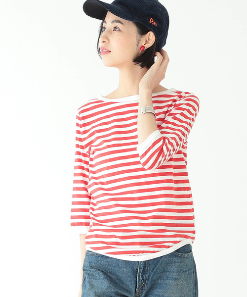 BEAMS BOY（ビームスボーイ）の「【一部予約】BEAMS BOY / 1cｍボーダー ボートネック7分袖②（Tシャツ/カットソー・レディース・ライトグレー/ブラック/ブラウン/ブルー系その他/グリーン/サックスブルー/レッド系その他/イエロー/ミント/ブルー/レッド/その他1/ネイビー/ブラック系その他/インディゴブルー・ONE SIZE）」の14枚目の写真