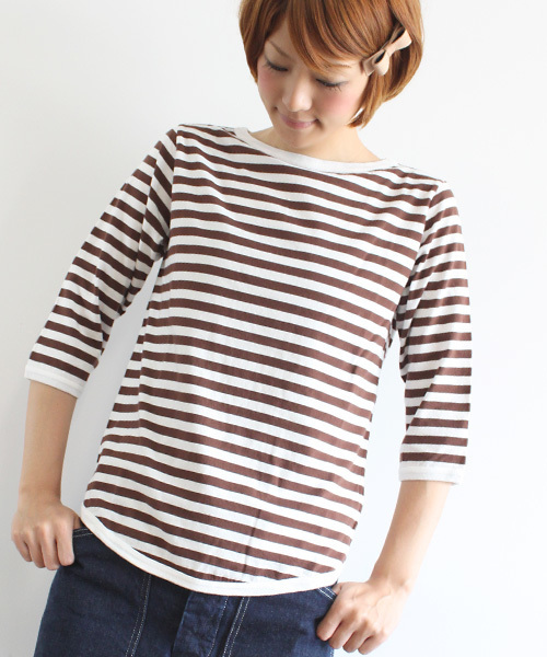 BEAMS BOY（ビームスボーイ）の「【一部予約】BEAMS BOY / 1cｍボーダー ボートネック7分袖②（Tシャツ/カットソー・レディース・ライトグレー/ブラック/ブラウン/ブルー系その他/グリーン/サックスブルー/レッド系その他/イエロー/ミント/ブルー/レッド/その他1/ネイビー/ブラック系その他/インディゴブルー・ONE SIZE）」の5枚目の写真