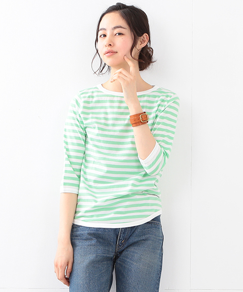 BEAMS BOY（ビームスボーイ）の「【一部予約】BEAMS BOY / 1cｍボーダー ボートネック7分袖②（Tシャツ/カットソー・レディース・ライトグレー/ブラック/ブラウン/ブルー系その他/グリーン/サックスブルー/レッド系その他/イエロー/ミント/ブルー/レッド/その他1/ネイビー/ブラック系その他/インディゴブルー・ONE SIZE）」の7枚目の写真