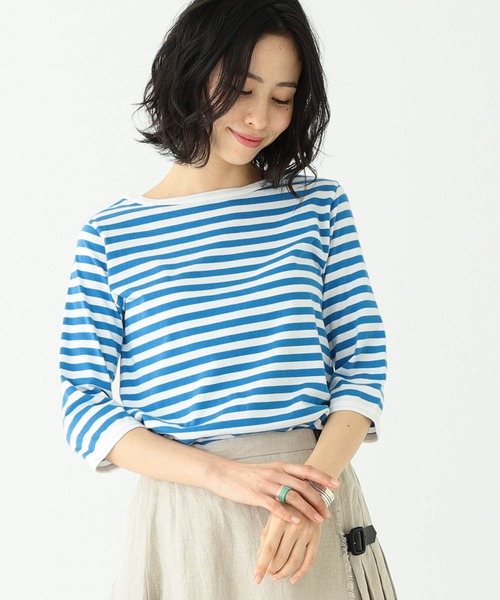 BEAMS BOY(ビームスボーイ)の「BEAMS BOY / 1cmボーダー ボートネック7分袖A(Tシャツ/カットソー)」|ブルー