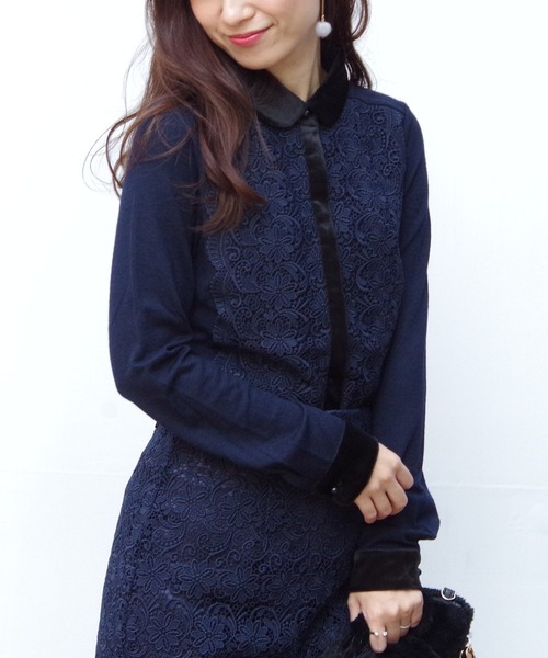 NARACAMICIE(ナラカミーチェ)の「フロントレースベロア衿ブラウス(シャツ/ブラウス・レディース・ブラック/ネイビー・MEDIUM/LARGE)」の2枚目の写真