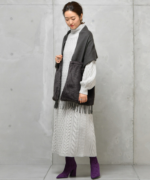 DouDou（ドゥドゥ）の「アラン柄ニットワンピース（ワンピース・レディース・ベージュ/ライトグレー・FREE）」の20枚目の写真