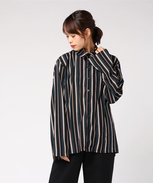 TRIP LE SENS(トリップ ル センス)の「【TRIP LE SENS】スリット ポイント ストライプシャツ(シャツ/ブラウス・レディース・ブラック/グリーン・MEDIUM/LARGE)」の3枚目の写真