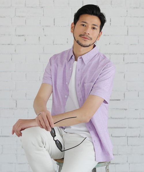 LIL VENDARS(リルヴェンダース)の「綿麻ストレッチ半袖シャツ リネンシャツ(シャツ/ブラウス)」|ラベンダー