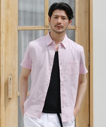 先染め綿麻ストレッチレギュラーカラー半袖シャツ