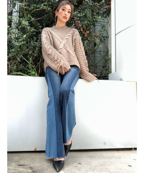 GYDA（ジェイダ）の「レースアップケーブルニットトップス（ニット/セーター・レディース・ベージュ/オフホワイト/グリーン・FREE）」の14枚目の写真