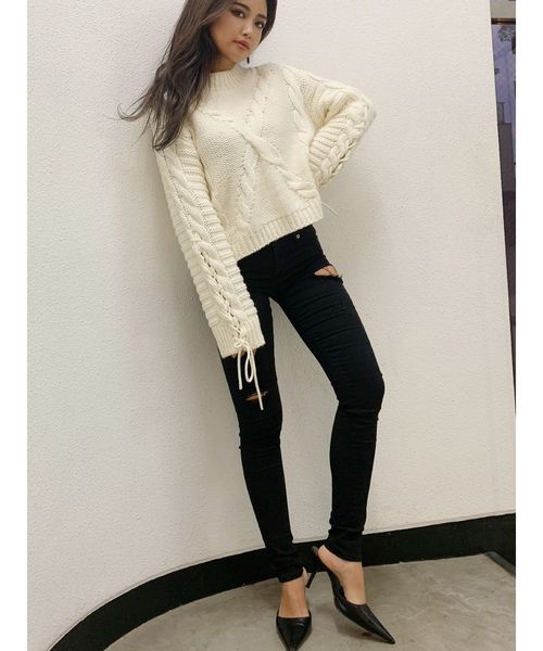 GYDA（ジェイダ）の「レースアップケーブルニットトップス（ニット/セーター・レディース・ベージュ/オフホワイト/グリーン・FREE）」の16枚目の写真