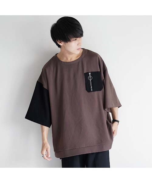 MinoriTY（マイノリティ）の「【コラボ「MinroriTY × ファッションインフルエンサー こーせ」】ツートーンリングジップポケットビッグシルエットTシャツ（Tシャツ/カットソー・メンズ・グリーン系その他/ブラック×グリーン/ブラック系その他/ブラウン系その他・L/M）」の3枚目の写真