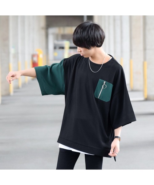 MinoriTY（マイノリティ）の「【コラボ「MinroriTY × ファッションインフルエンサー こーせ」】ツートーンリングジップポケットビッグシルエットTシャツ（Tシャツ/カットソー・メンズ・グリーン系その他/ブラック×グリーン/ブラック系その他/ブラウン系その他・L/M）」の10枚目の写真