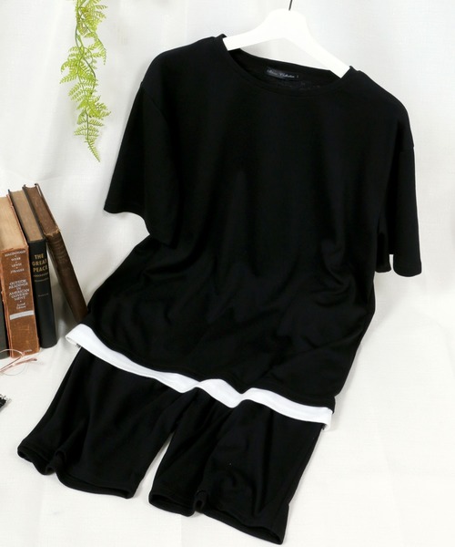 Salong hameu(サロン ハミュー)の「上下2点/セットアップ/半袖Tシャツ&イージーパンツ(ルームウェア/パジャマ)」|ブラック