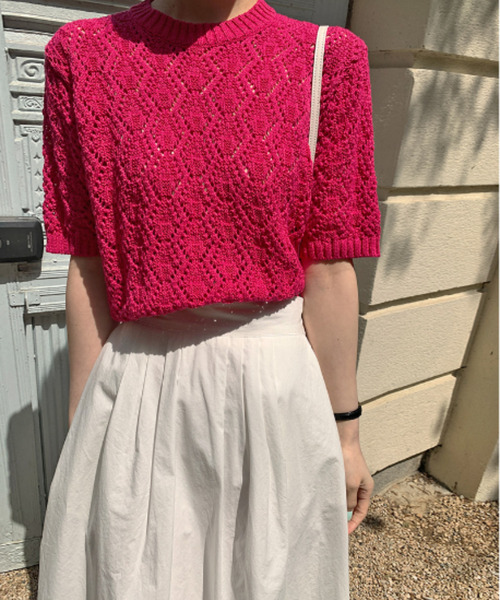 emi+(エミプラス)の「5分袖透かし網ニットプルオーバー(Tシャツ/カットソー・レディース・ベージュ/ピンク/ブルー/グリーン・FREE)」の4枚目の写真