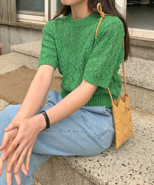 emi+(エミプラス)の「5分袖透かし網ニットプルオーバー(Tシャツ/カットソー・レディース・ベージュ/ピンク/ブルー/グリーン・FREE)」の2枚目の写真