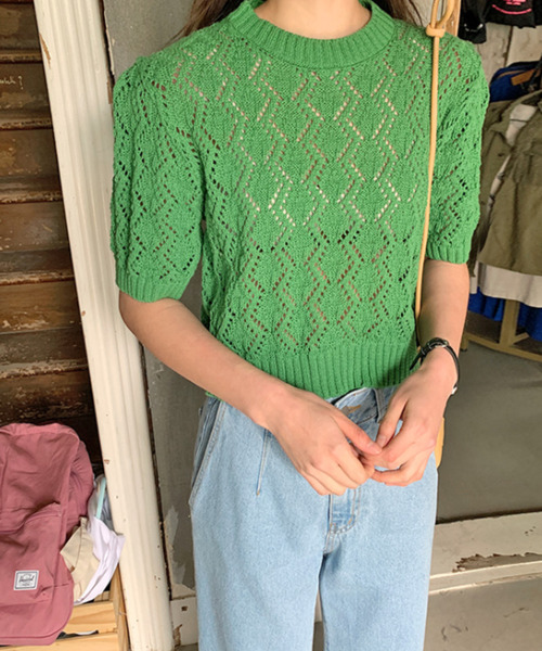emi+(エミプラス)の「5分袖透かし網ニットプルオーバー(Tシャツ/カットソー・レディース・ベージュ/ピンク/ブルー/グリーン・FREE)」の20枚目の写真