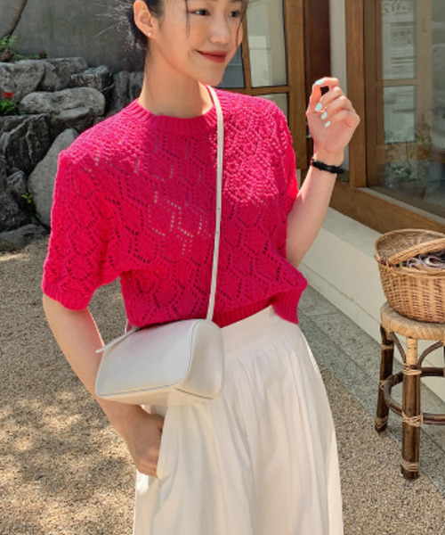 emi+(エミプラス)の「5分袖透かし網ニットプルオーバー(Tシャツ/カットソー・レディース・ベージュ/ピンク/ブルー/グリーン・FREE)」の8枚目の写真