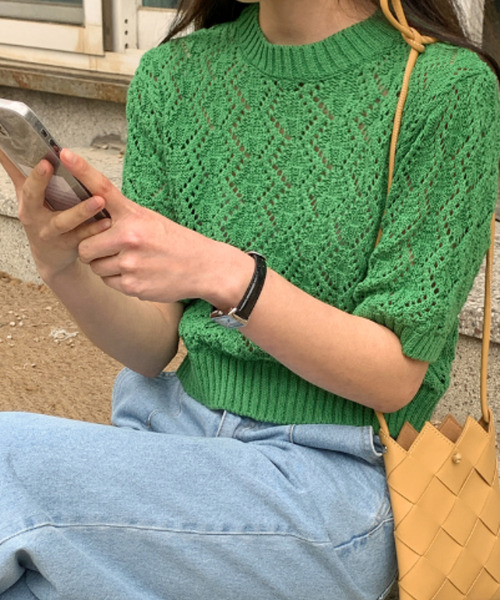 emi+(エミプラス)の「5分袖透かし網ニットプルオーバー(Tシャツ/カットソー・レディース・ベージュ/ピンク/ブルー/グリーン・FREE)」の11枚目の写真