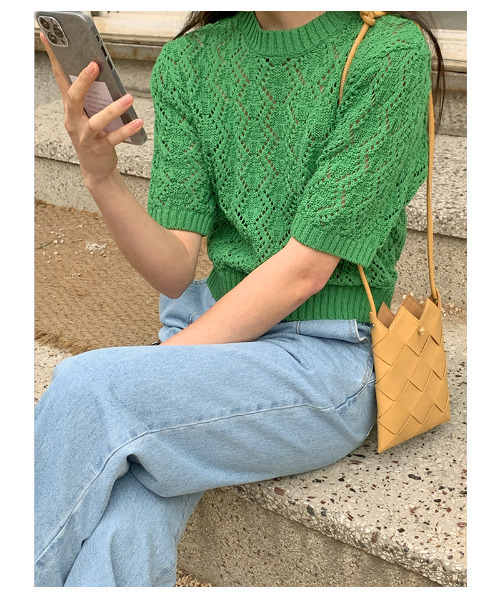 emi+(エミプラス)の「5分袖透かし網ニットプルオーバー(Tシャツ/カットソー・レディース・ベージュ/ピンク/ブルー/グリーン・FREE)」の12枚目の写真